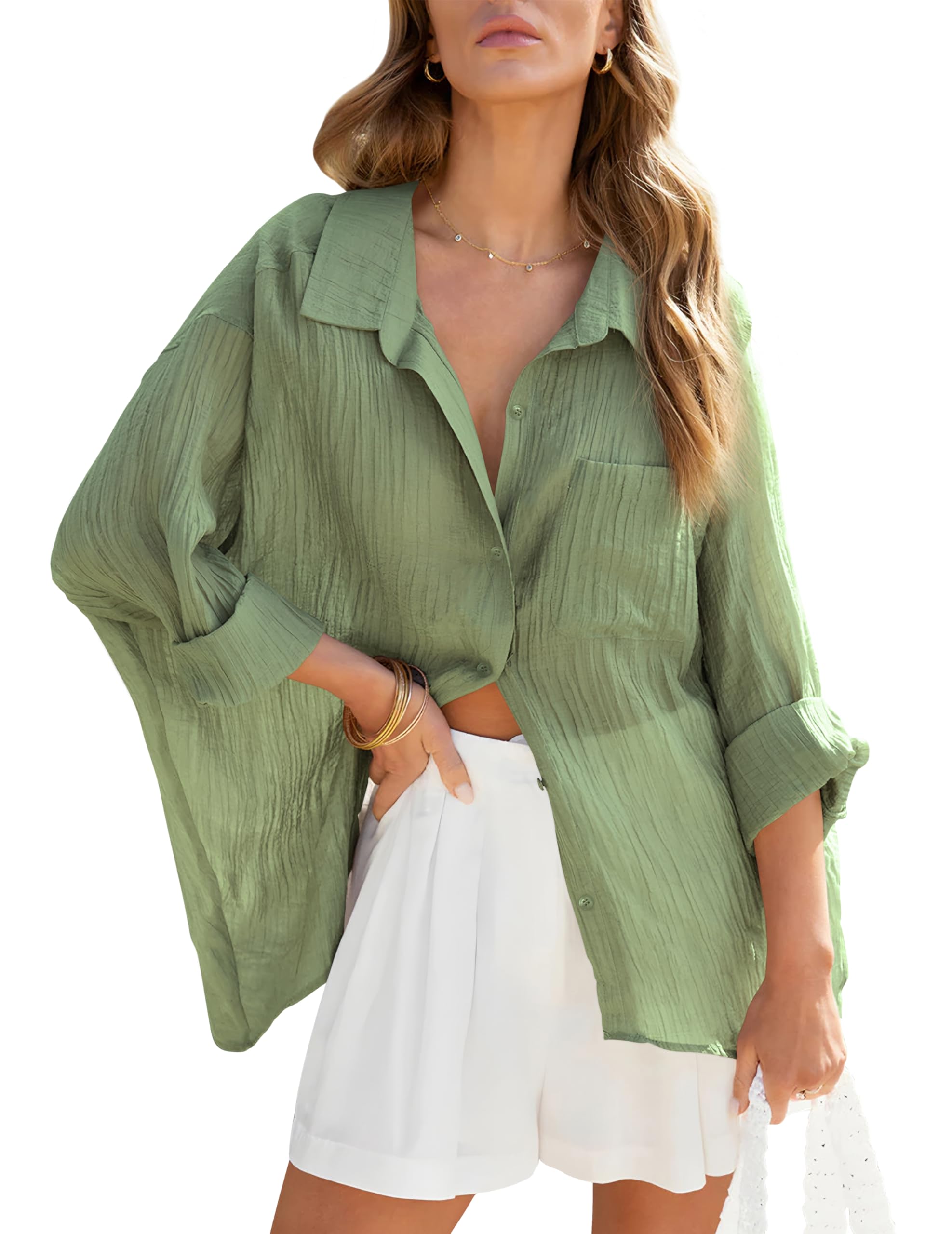 Camicia da donna a maniche lunghe, elegante, con scollo a V, casual, in lino, con bottoni, con tasche sul petto