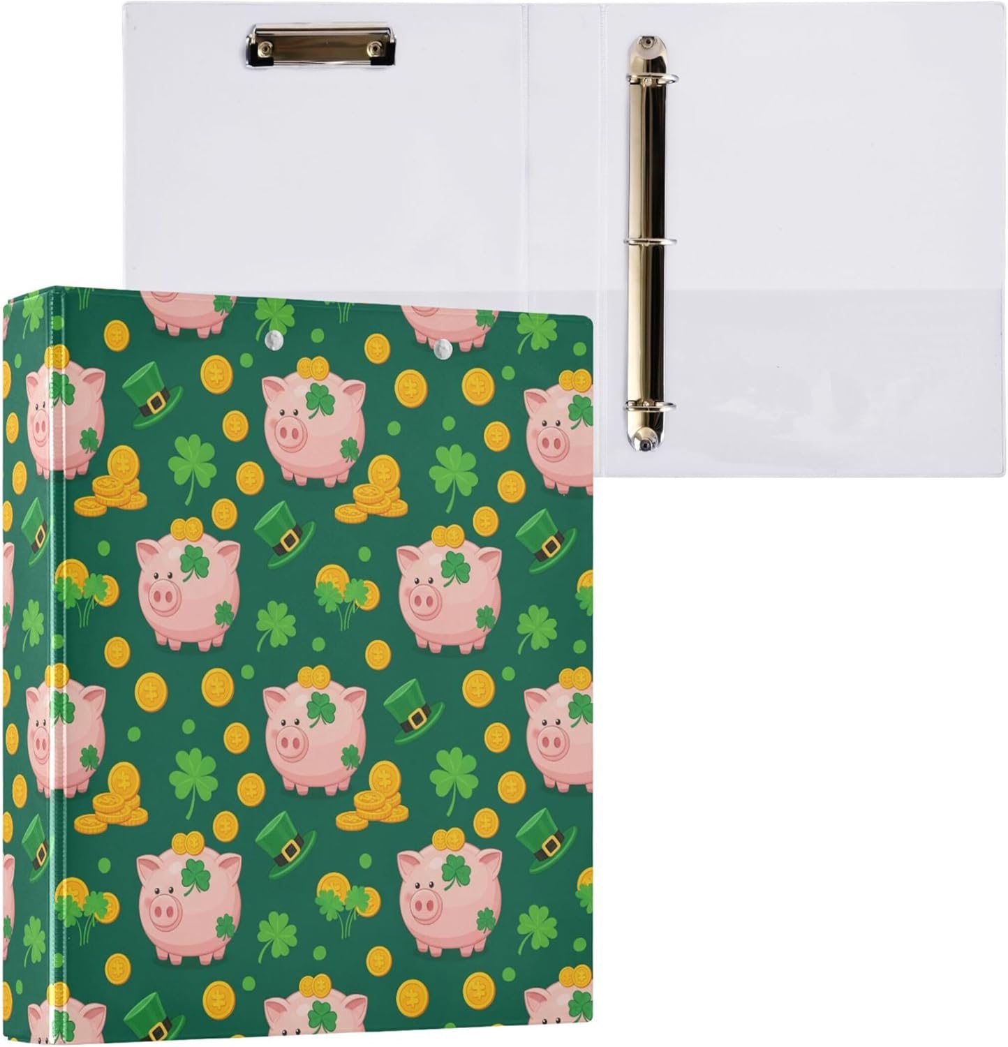 St Patrick's Pig Gold Coins 3 Ring Binders, 1.5” Round Ring Binders with Clipboard - Letter Size, 3 Interior PVC Clear Pockets & Anti-Slip Clip for Office School Supplies, 2PCS