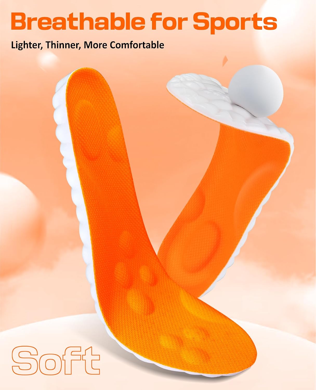 Cloud-Like Comfort Insoles for Men & Women | 4D Massage Cushioning Memory Foam & Arch Support, Orthopedic Inserts for Pain Relief, All-Day Standing, Work, Running, Orange 1 Pair