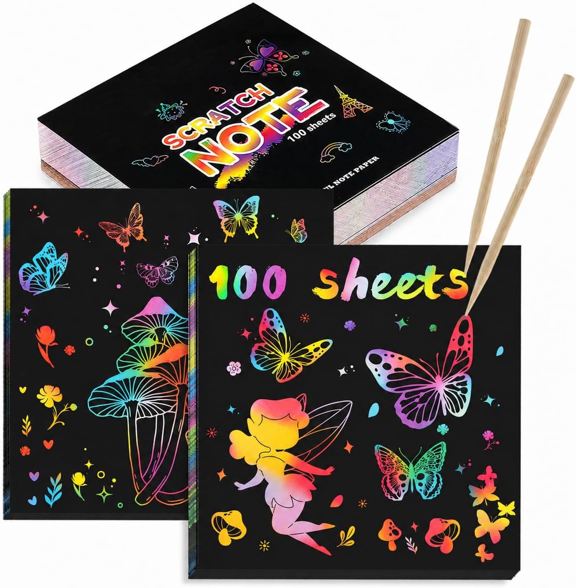 100 Pcs Rainbow Scratch Art with 2 Bamboo Stylus for Kids | 8.5cm x 8.5cm,Art and Craft for Kids, Birthday & Class Gift,Party bag filler
