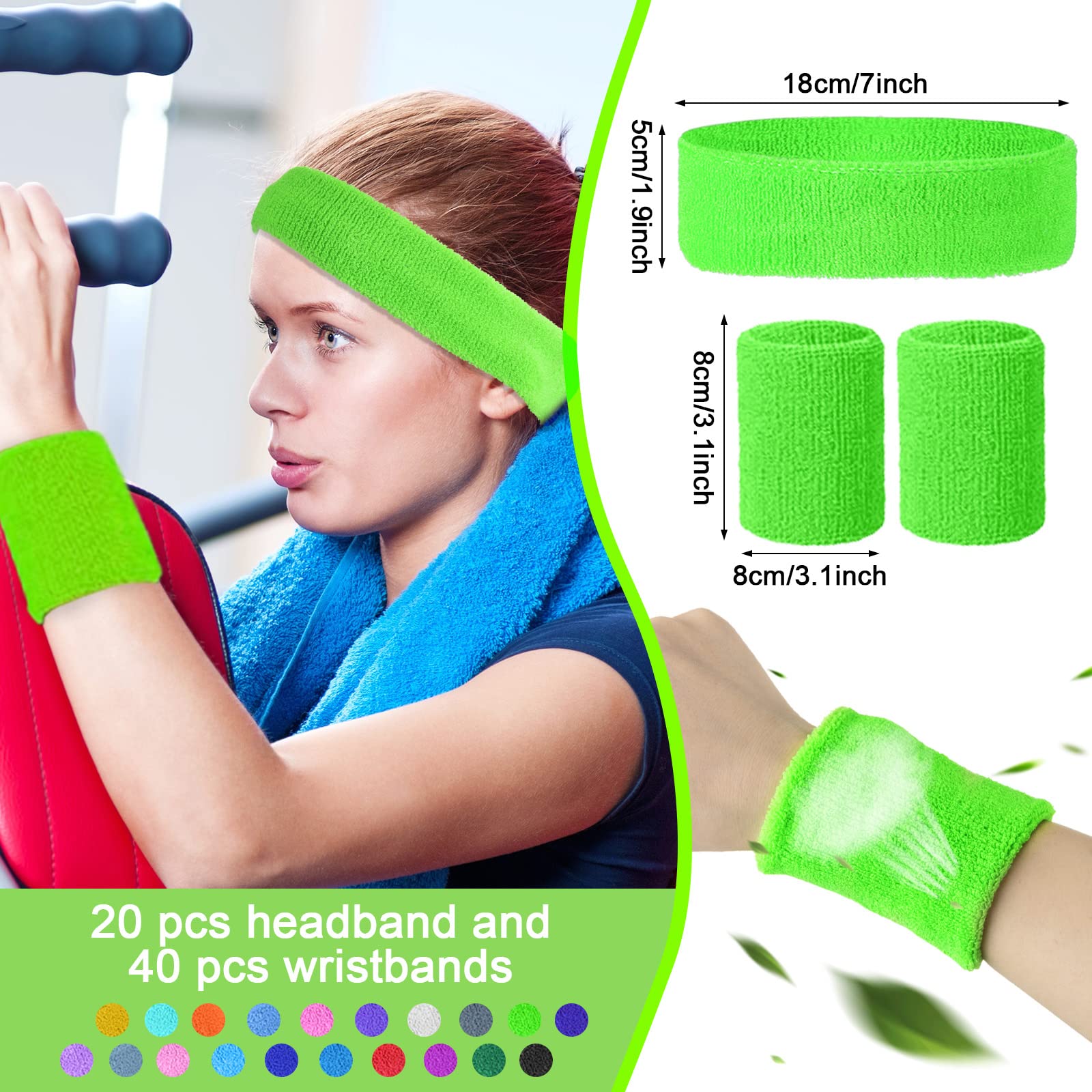 60-teiliges Schweißbänder-Set enthält 20 Stück Sport-Stirnband und 40 Stück Armbänder, Schweißbänder, Bunte Frottee-Armbänder für Training, 80er-Jahre, Schweißband für sportliche Männer und Frauen