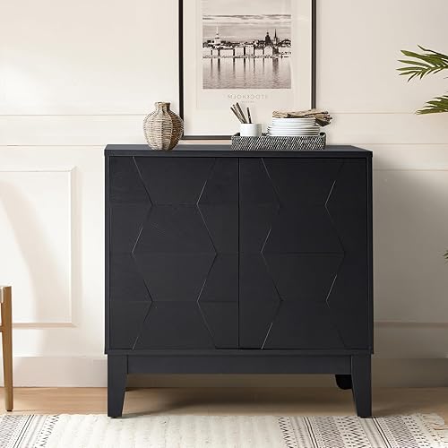 Miniatura 18 de HULALA HOME Moderno armario de cocina con diseño geométrico 3D, armario de piso independiente con 3 puertas y 2 estantes interiores ajustables para