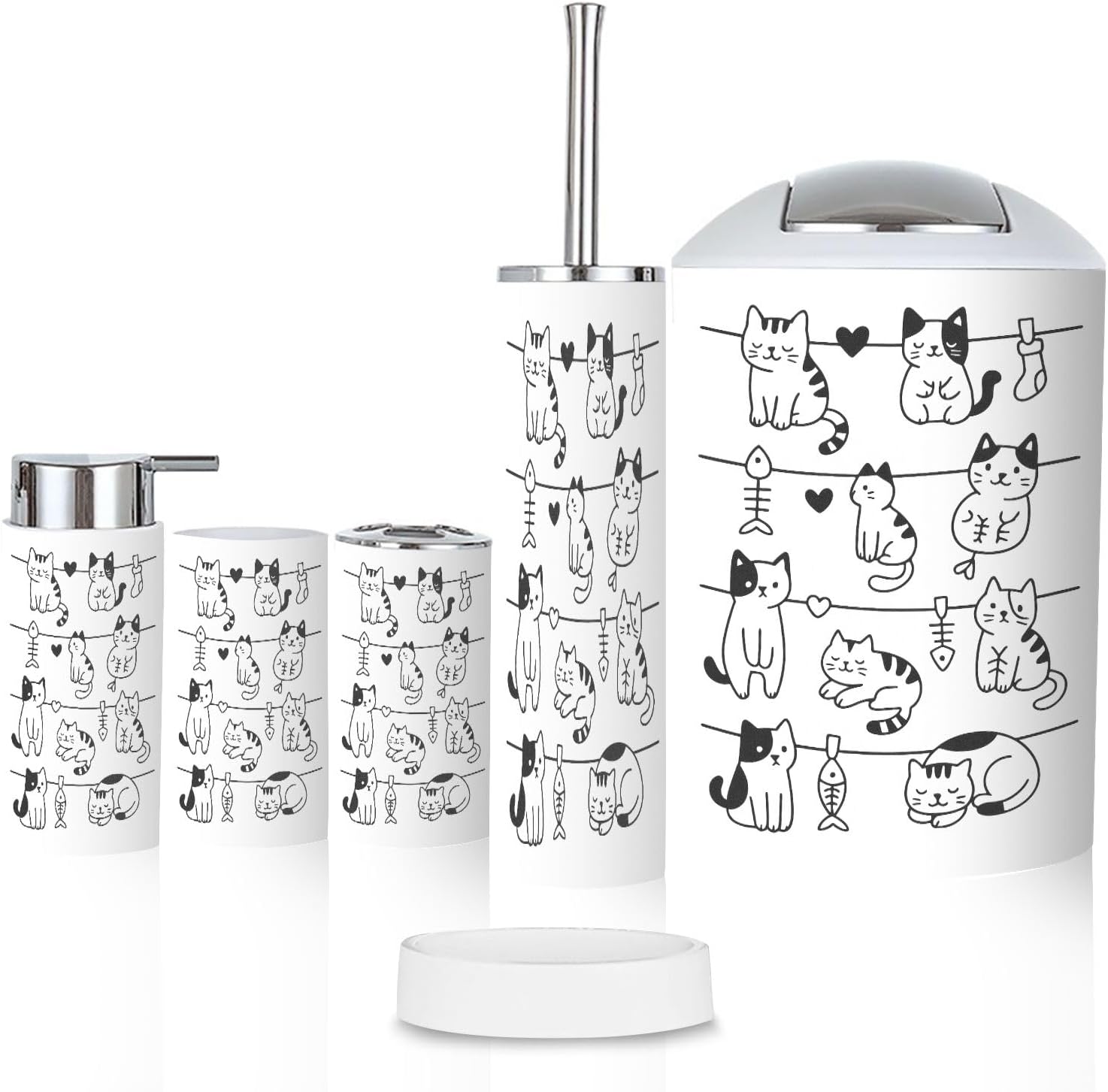 Bathroom Accessory Set 6 Piece Hanging Cute Cats Doodle Hand Drawn Toothbrush Cup Toothbrush Holder Soap Dispenser Soap Dish Trash Can with Lid Toilet Brush Holder Counter Decor