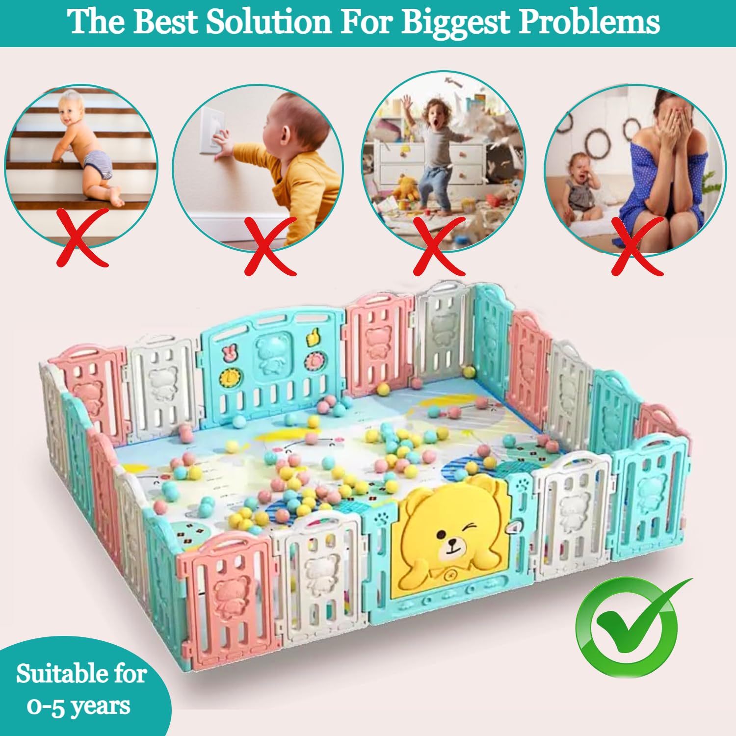 Hukimoyo 18 Panel Playpen for Babies Upto 5 Year Baby Fence Playpen with Mat & Balls Activity Play Yard for Kids Play Area Indoor Setup Fence for Toddlers Outdoor Playarea with Gate (6.1x 6.5ft=40sqft) - Image 7 thumbnail