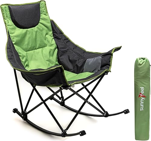 SUNNYFEEL Silla mecedora de gran tamaño para campamento, sillas plegables de campamento con sillón reclinable acolchado de lujo y bolsillo, bolsa de