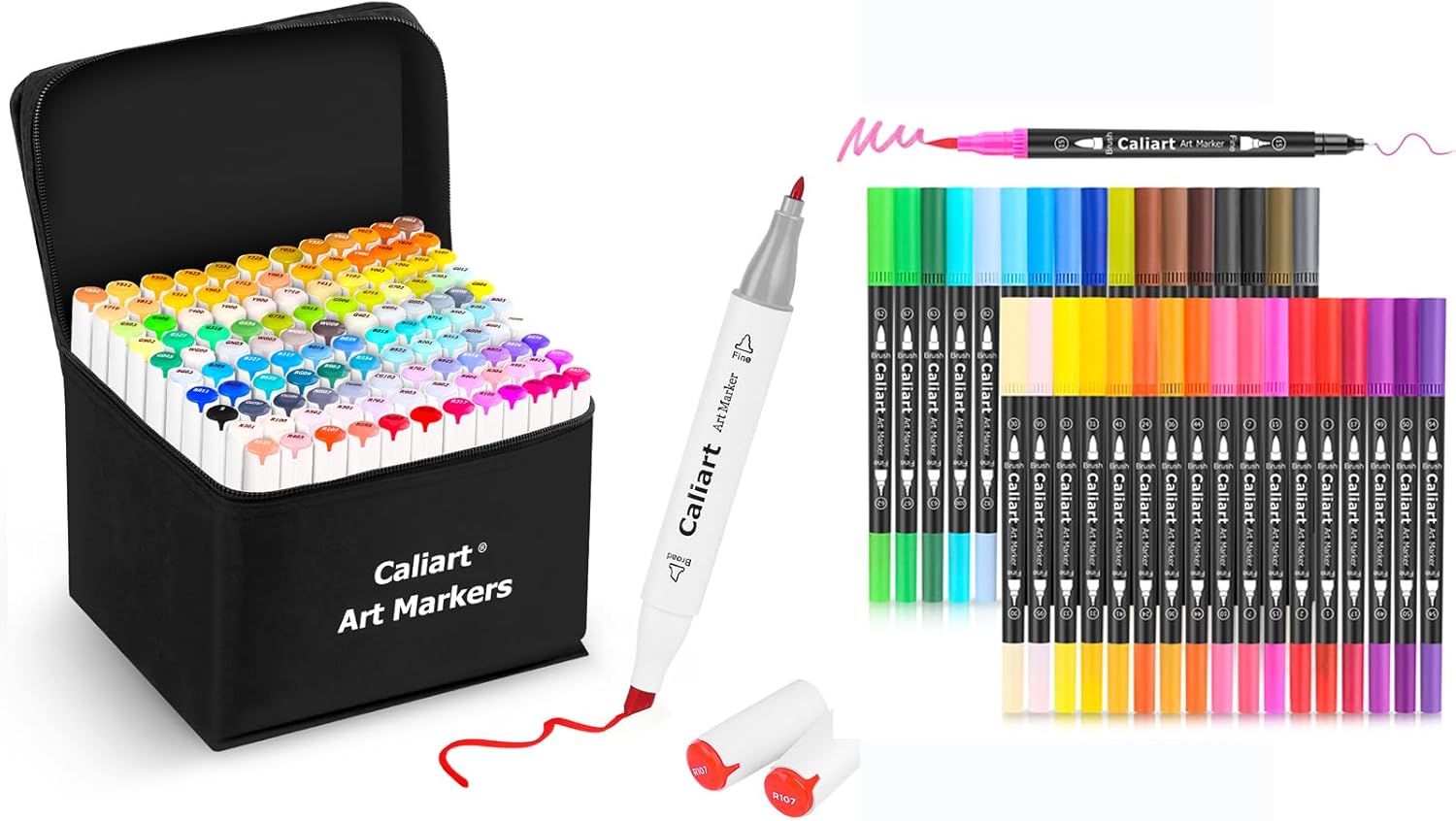 Caliart 121Colors Alcohol Based Markers, 34 Double Tip Brush Pens Art Markers, Drawing Pens Permanent Markers Mothers Day Gift for Mom Kids Artist Adult Cards Drawing