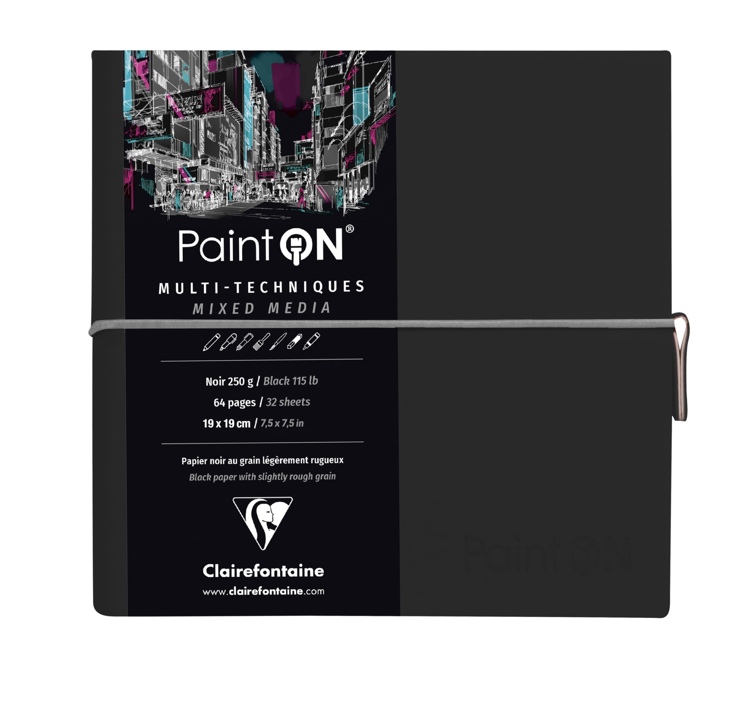 Clairefontaine 975439C - Skizzenbuch mit Fadenbindung, 64 Blatt Zeichenpapier PaintOn Schwarze 19x19 cm 250g, Gummizugverschluss, Softcover Schwarz