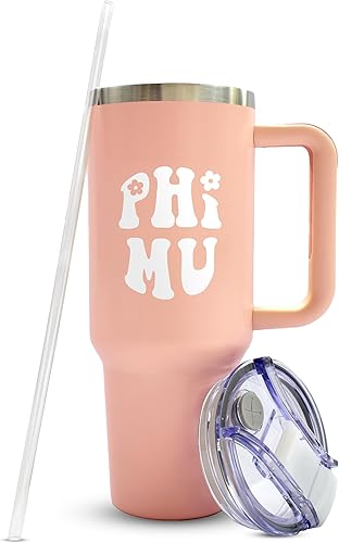 Sorority Shop Phi Mu - Vaso de 40 onzas con asa, para mejor amiga, lindo vaso grabado de hermandad, vasos aislados para mantener tus bebidas frías o