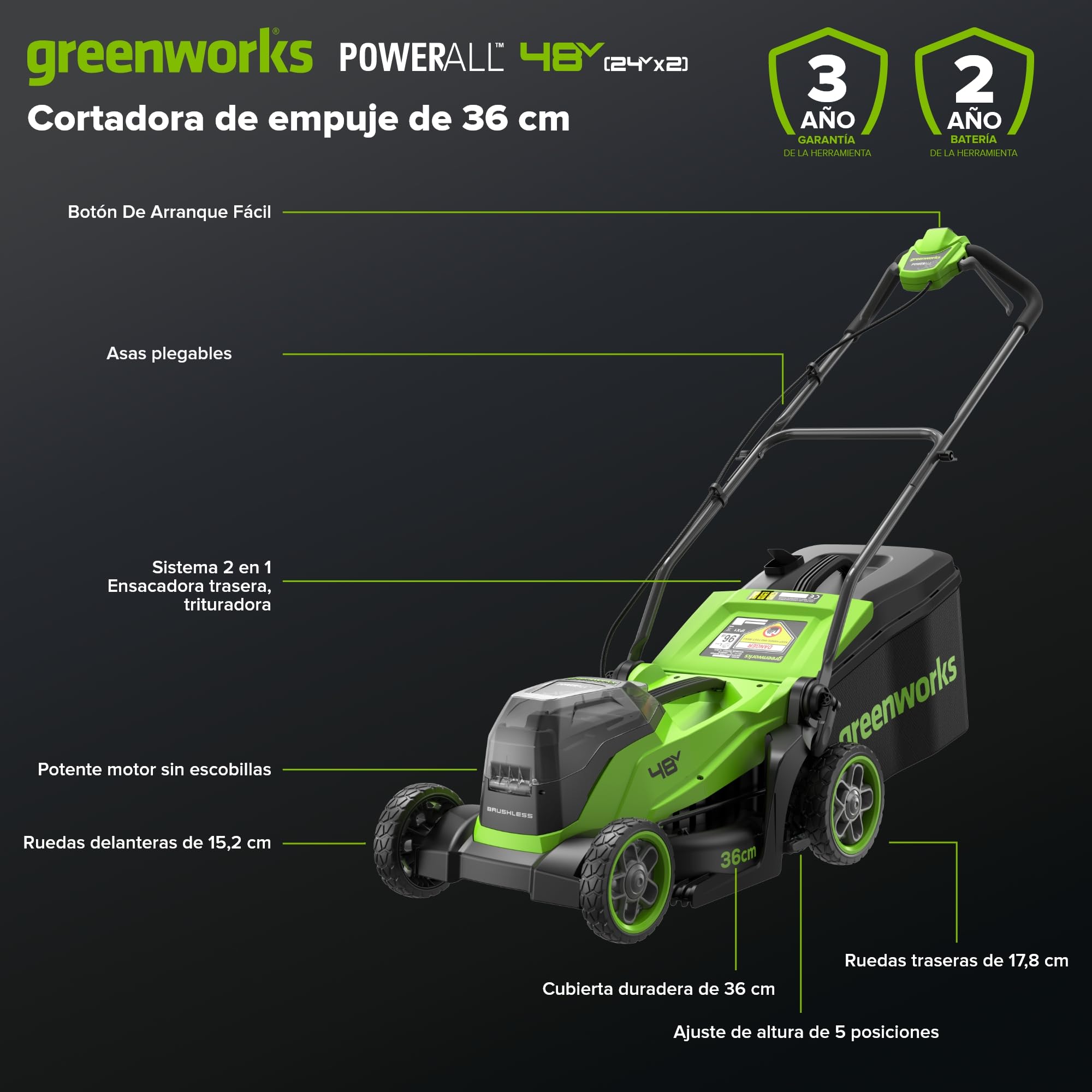 Greenworks 48V (24V x 2) Cortacésped de batería Li-Ion 24V 36cm Ancho Corte hasta 400m² a y Cortabordes Inalámbrico con Cabezal de Alimentación Automática con 1 Batería 4Ah y Cargador-MTCK48B421-01