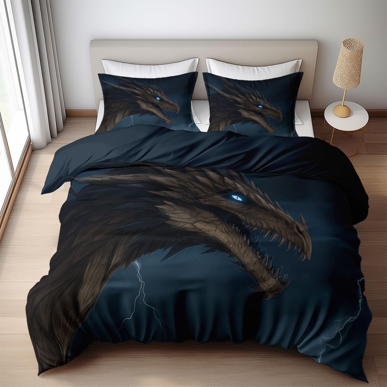 Juego de ropa de cama de 155 x 220 cm, 3 piezas, diseño de dragón, color