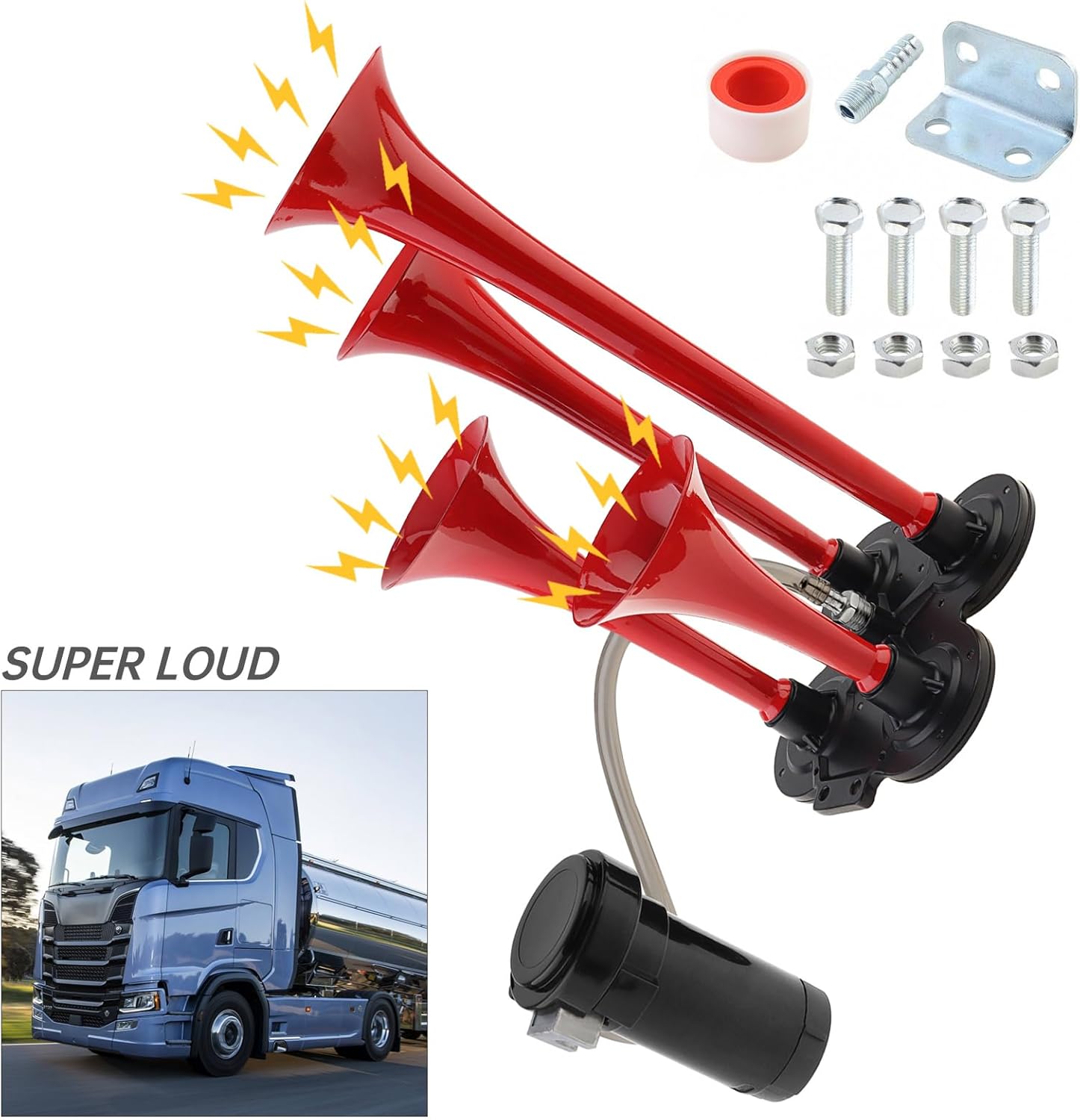 Train Horns Kit, 4 Trumpet Truck Air Horn Kit, 12V 185dB Super Loud Train Horns Four Trumpet Air Horns with Compressor for Vehicle Cars Trucks Pickup Trains Lorrys Boats, Red