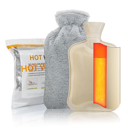 TOHDNC Bolsa de Agua Caliente de 2L, Grande Botella Agua Caliente para Cama con Desmontable y Lavable Suave Funda Botellas Goma Hot Water Bottle para Calentar Manos o Alivio del Dolor (Gris Claro)