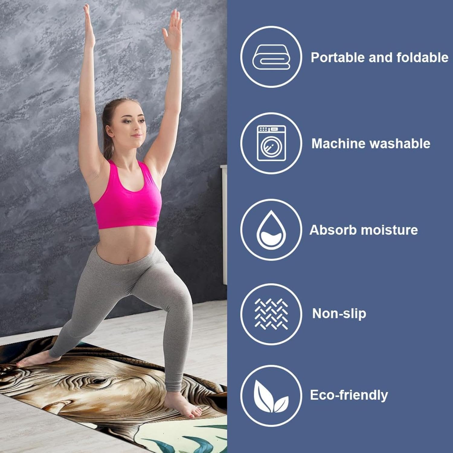 Yoga Towel, Rhino Animal Print Non Slip Sweat Absorbent Hot Yoga Mat Towel for Hot Yoga, Pilates and Fitness - 72.8" x 26.8"