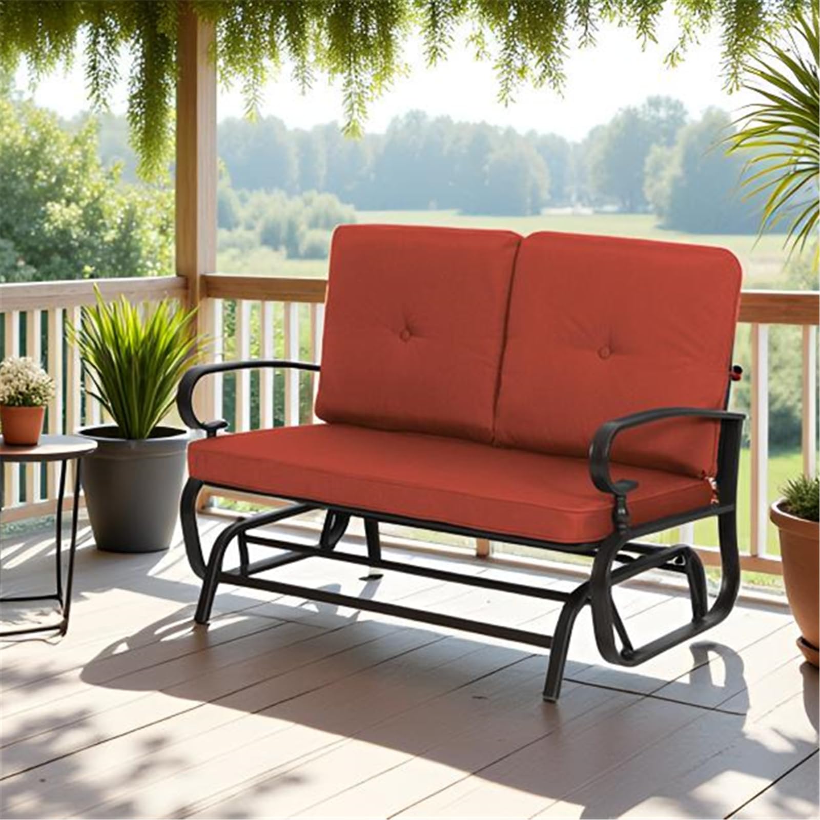SUNCROWN Outdoor Swing Glider Chair, Patio 2 Seats Loveseat Rocking Chair with Cushions, Steel Frame Furniture-Red