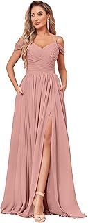 Off The Shoulder Bridesmaid Dresses with Pockets Ruched Chiffon Long Slit Formal Evening Gown - Buy now
