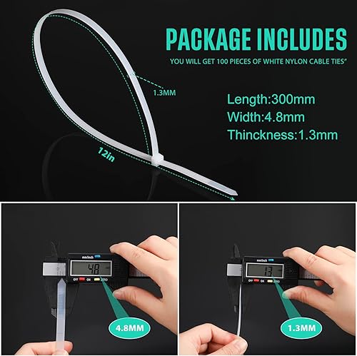 Miniatura 2 de 100 bridas para cables resistentes para interiores y exteriores, ataduras de toldos, ramas de cultivo (blanco, 12 pulgadas)