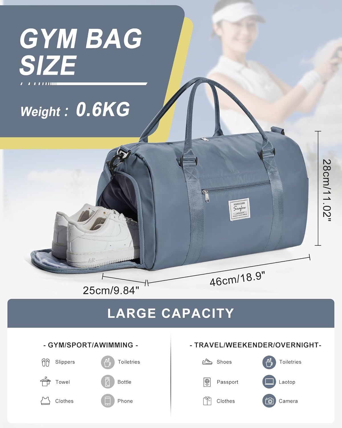 Gym Bag Womens Mens with Shoes Compartment and Wet Pocket Travel Duffel Bags for Women for Plane Sport Gym Tote Bag with Toiletry Bags Waterproof Weekend Overnight Carry on Bag Hospital Holdalls