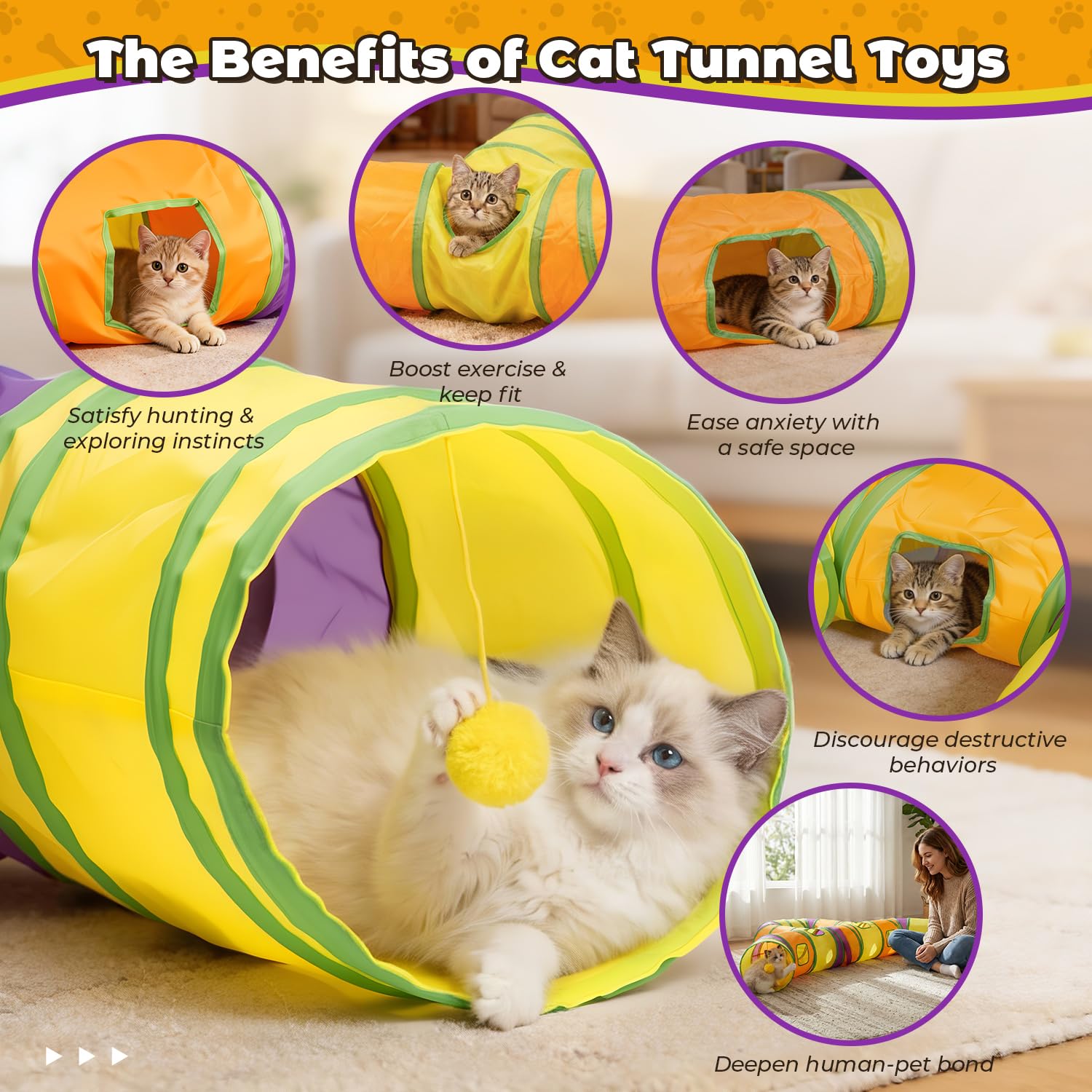Tunnel de Jeu pour Chat Interieur, Jouer Tube pour Chat avec Pompons Suspendus et Trou interactif pour Chatons, Chiots, Lapins, furets, cochons d'Inde