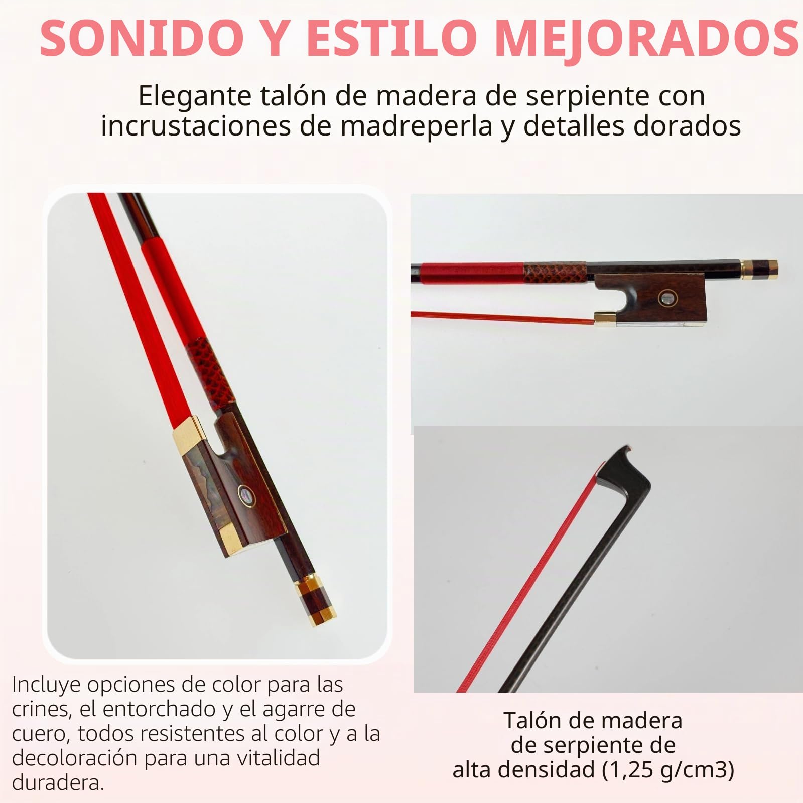 Arco para violín de fibra de carbono 4/4, ultraligero e irrompible con crin de caballo de colores, incrustaciones de rana de madera de serpiente y nácar, grado profesional para viajes y actuaciones