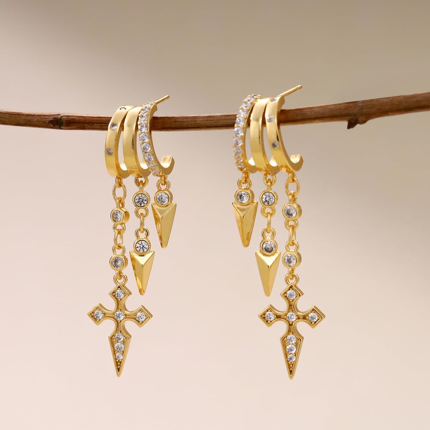 Gold Dangle Earrings for Women, 14k Gold Plated Stacked Triple Hoop Illusion Earrings Cubic Zirconia Huggie Earrings for Women Trendy - Image 5