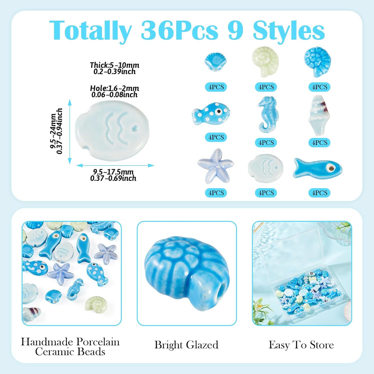 36Pcs Handmade Porcelain Ocean Animal Beads Assorted Ceramic Beads Cute Shell Starfish Conch Fish Cool Bead for Jewelry Making DIY Craft Necklace Bracelet Crafts image 3