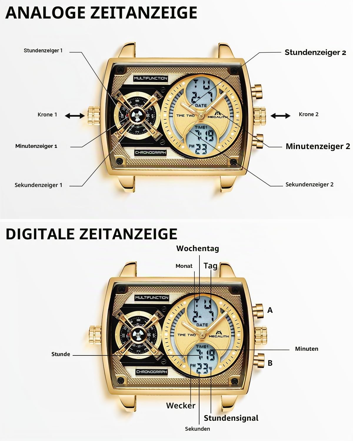 MEGALITH Herren Uhr Digital Analog: Multi-Zeitzone Arbeits Armbanduhr mit Groß Zifferblatt Quadratisch - Stilvoll Geschenke für Business Männer Jubiläum Geburtstag