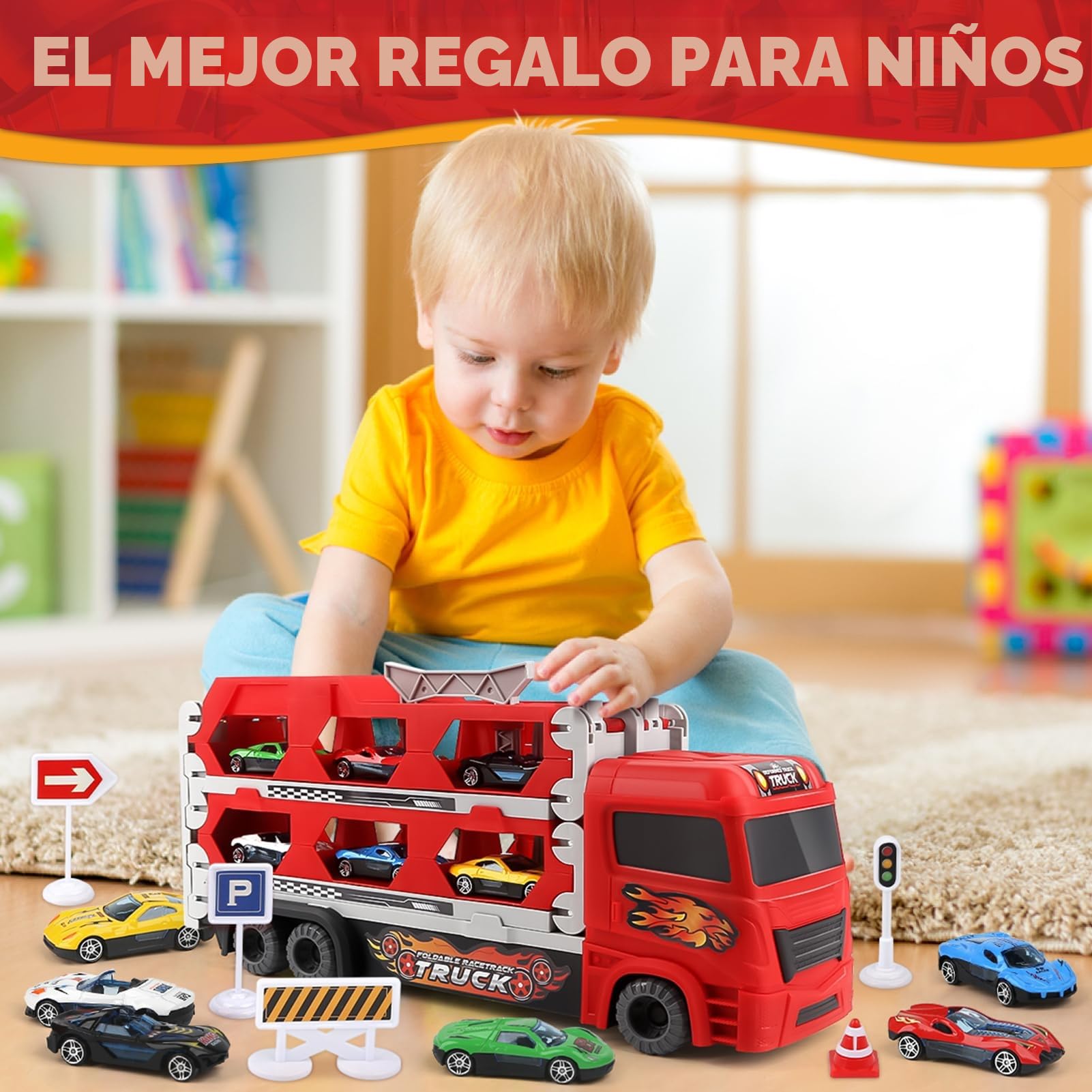 Aoskie Camión de Transporte Juguetes para Niños de 3, 4, 5, 6 años, Camión de Juguetes con Pista de Carreras Portátil y 6 Coches de Carreras, Set de Vehículos de Transporte para Niños