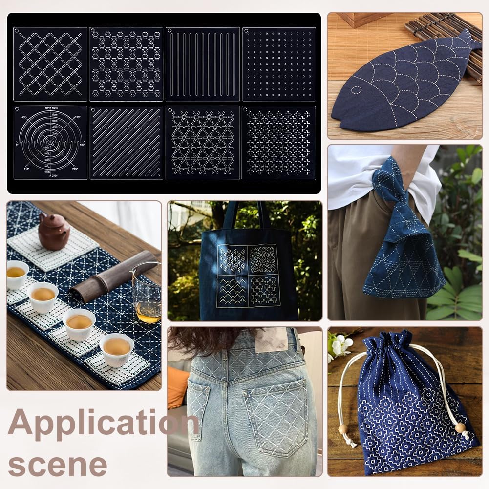 BENECREAT 39Pcs Sashiko Template Kit, 8Pcs 4.7x4.7inch Hand Quilting Stencils, Beginner Embroidery Supplies for Mending and Decorative Crafts, with 2Pcs Linen Cross Stitch Fabric