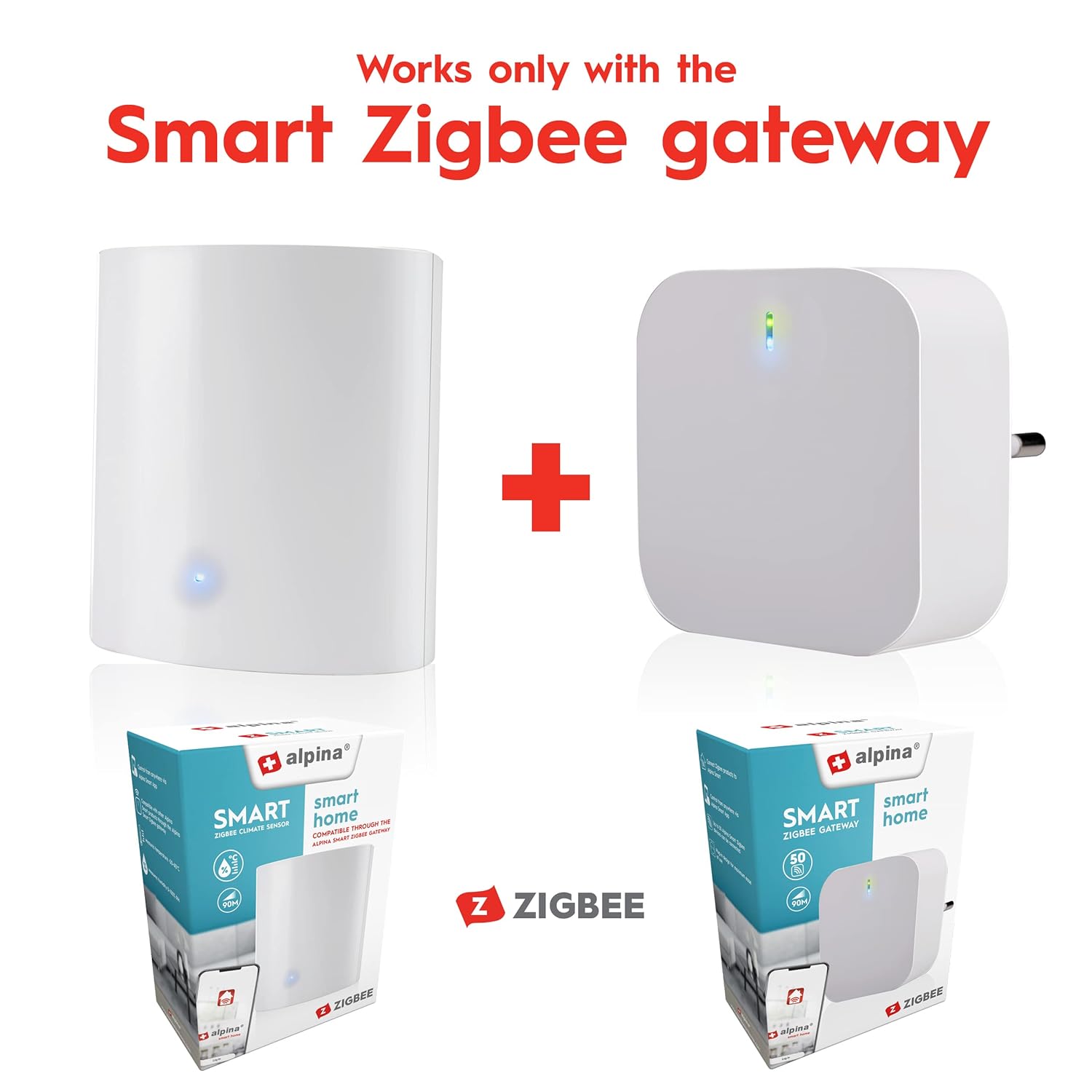 The alpina Smart Home Climate Sensor shown alongside the alpina Smart Zigbee Gateway, with their respective packaging boxes, illustrating the required components for a smart home setup.