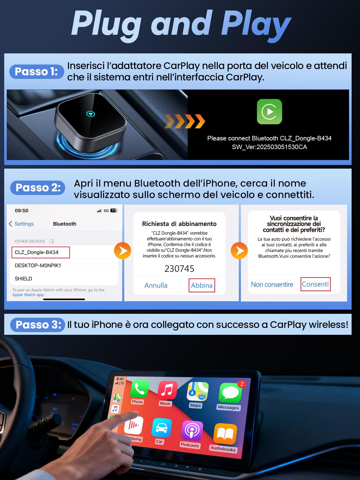 H3 Adattatore CarPlay Wireless per iPhone - Convertitore da Cablato a Wireless, Plug and Play USB/Type-C, Compatibile con Auto dal 2016 e iOS 10+