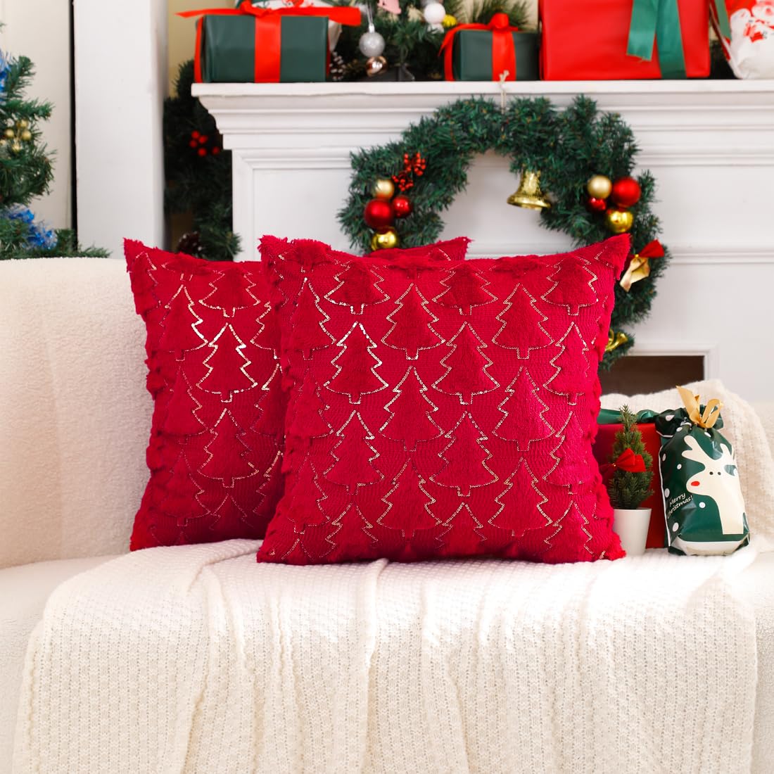 VAKADO Christmas Throw Pillow Covers 24x24 Set of 2 Embroidered Decorative Xmas Cushion Cases Holiday Soft Home Decor for Bedroom Sofa Chair Porch