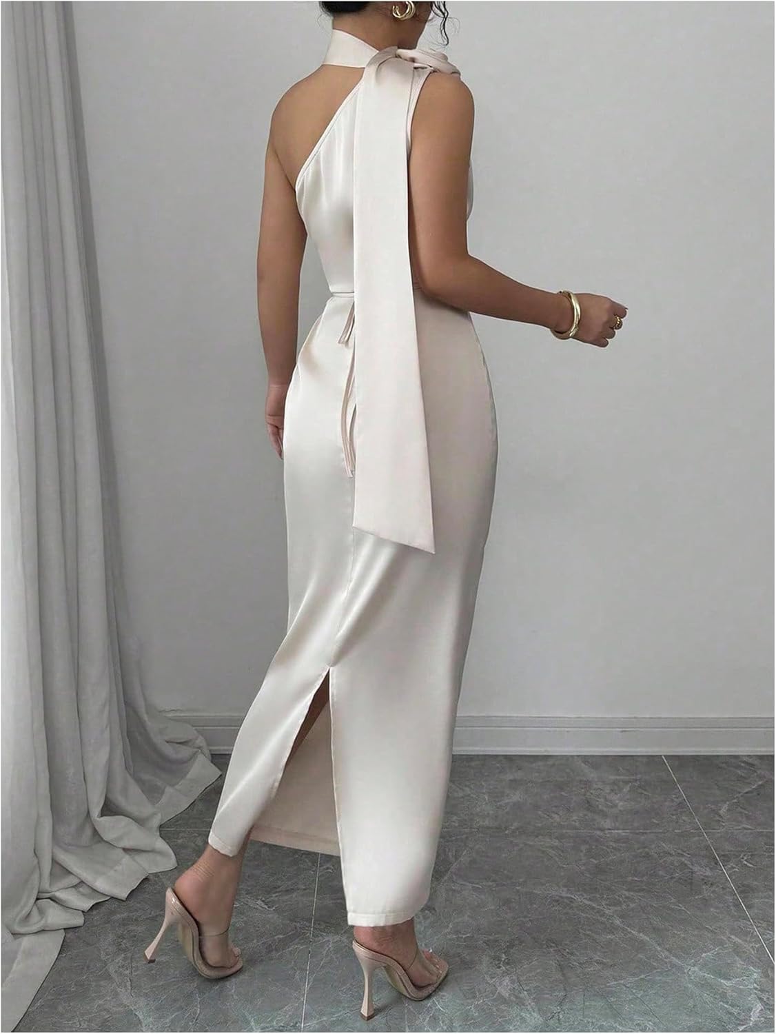 Floerns Women's 3D Floral One Shoulder Maxi Dress Bodycon Satin Wedding Guest Dresses with Scarf - Image 3