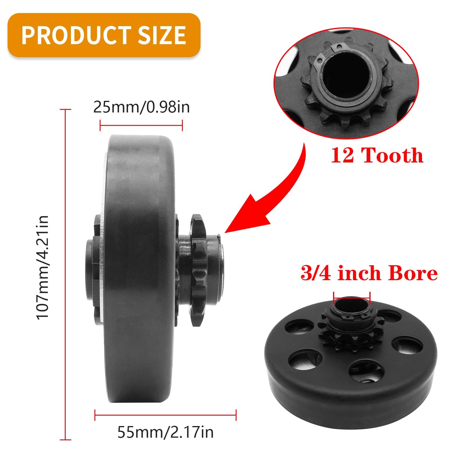 Embrague centrífugo de 3/4 pulgadas de diámetro de 12 dientes para cadena #35, perfecto para motores Predator 212, Honda GC GX y la mayoría de motores pequeños de 2 a 6.5 HP. Apto para MiniBike, Go