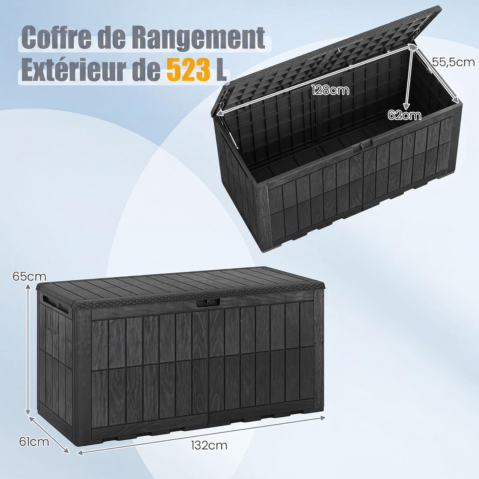 COSTWAY Coffre de Rangement Exterieur en PP 523L, Grand Conteneur de Jardin avec Couvercle Poignée Intégrée Verrouillable, pour 3 Personnes pour Terrasse Balcon, Charge 245 kg (Noir)