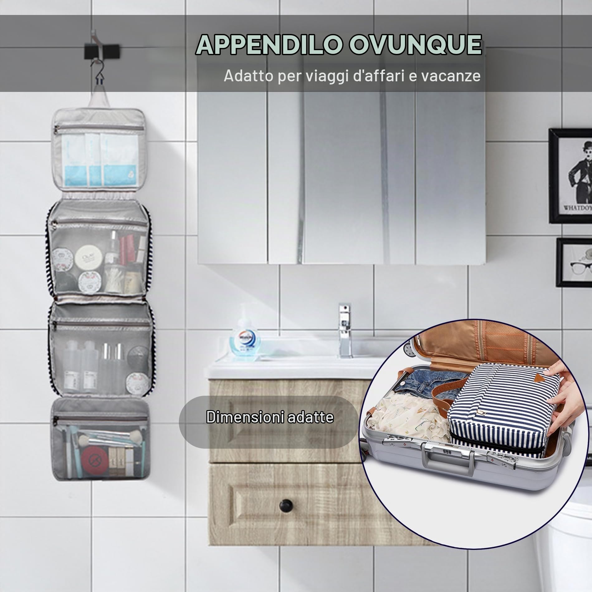 Beauty case da viaggio appendibile, ampio organizer per cosmetici e articoli da toeletta con gancio