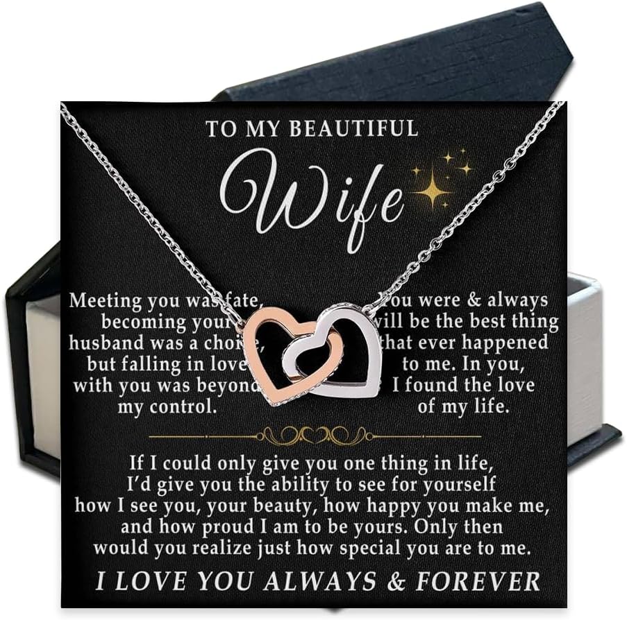 VIRAGIL Wife Necklace From Husband, To My Wife Necklace, Interlocking Heart Necklace Box For Wife, Stainless Steel Wife Jewelry Message Card, Birthday, Anniversary, Christmas Gifts