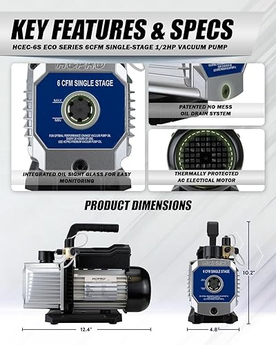 Miniatura 4 de HCPRO - Bomba de vacío de 6 CFM, refrigerante HVAC AC - Bomba de vacío de aire acondicionado de paleta giratoria de una etapa de 110 V para R410A