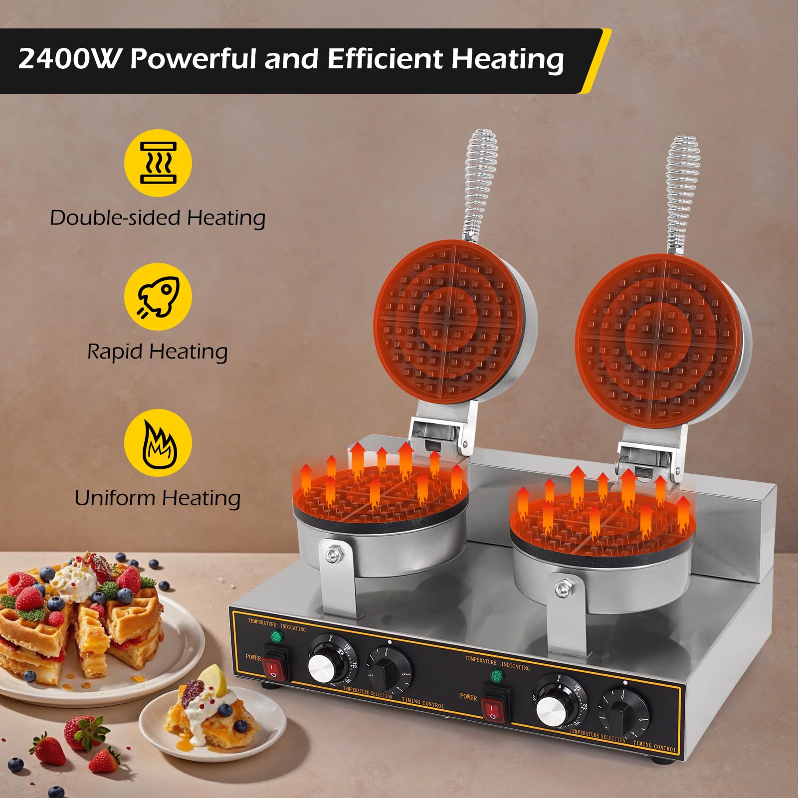 Máquina de gofres doble de 2400 W, para restaurante, antiadherente, redonda, waflera comercial, máquina de gofres grande para hotel, acero inoxidable grueso 7