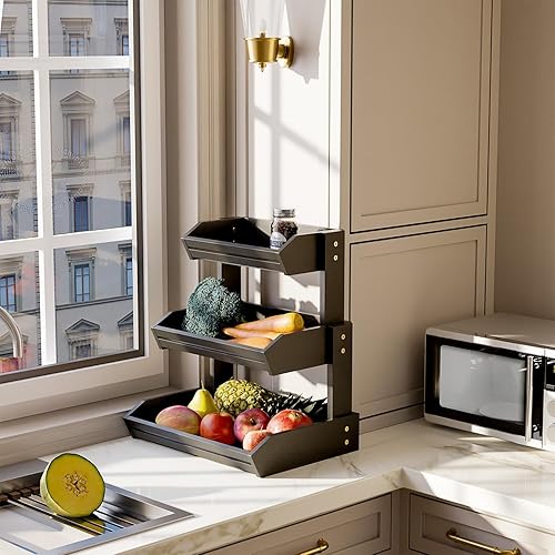 Miniatura 4 de HOLANA Frutero de madera de acacia  Frutero de 3 niveles para encimera de cocina, extra grande de 16 x 12.5 x 18 pulgadas, Fruteros para Cocina,