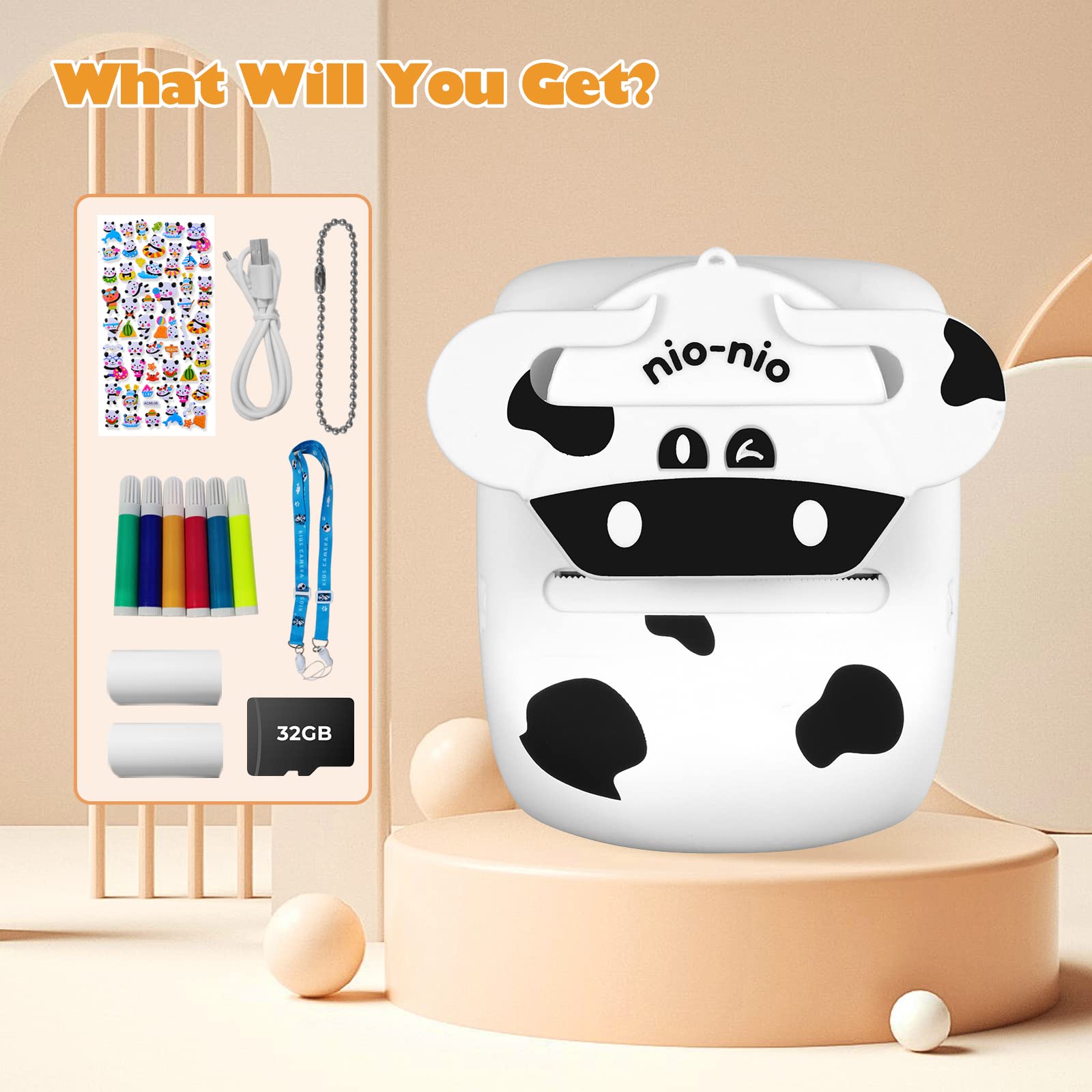 Fotocamera per Bambini, 30 MP, Doppia Fotocamera, Stampa in Bianco e Nero, Schermo da 2,4 Pollici, Scheda TF da 32 GB, Bianca