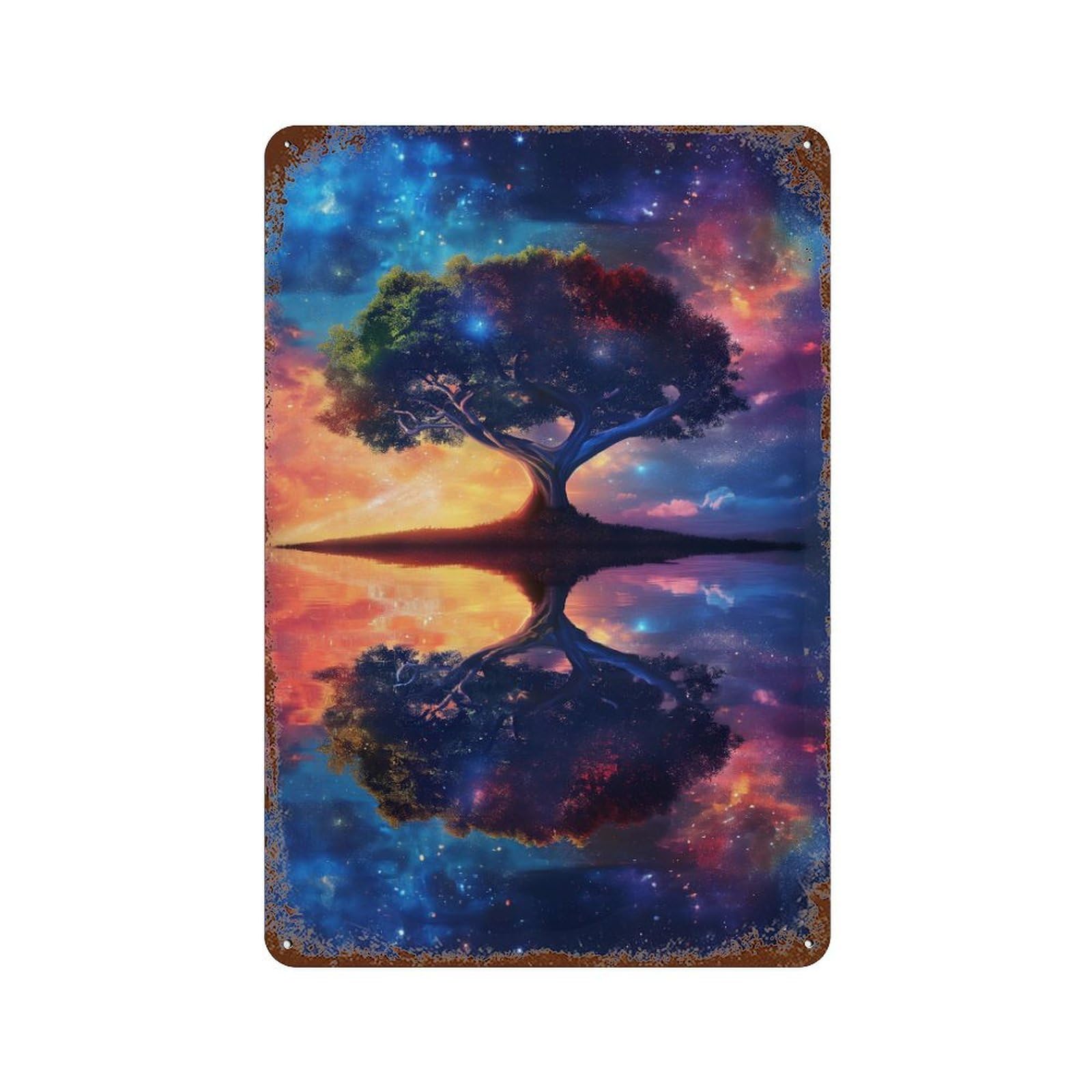 Garage Style Galactic Tree Reflections Weathered Tin Sign 11.8"x7.9", Old School Wall Decor for Bar And Workshop