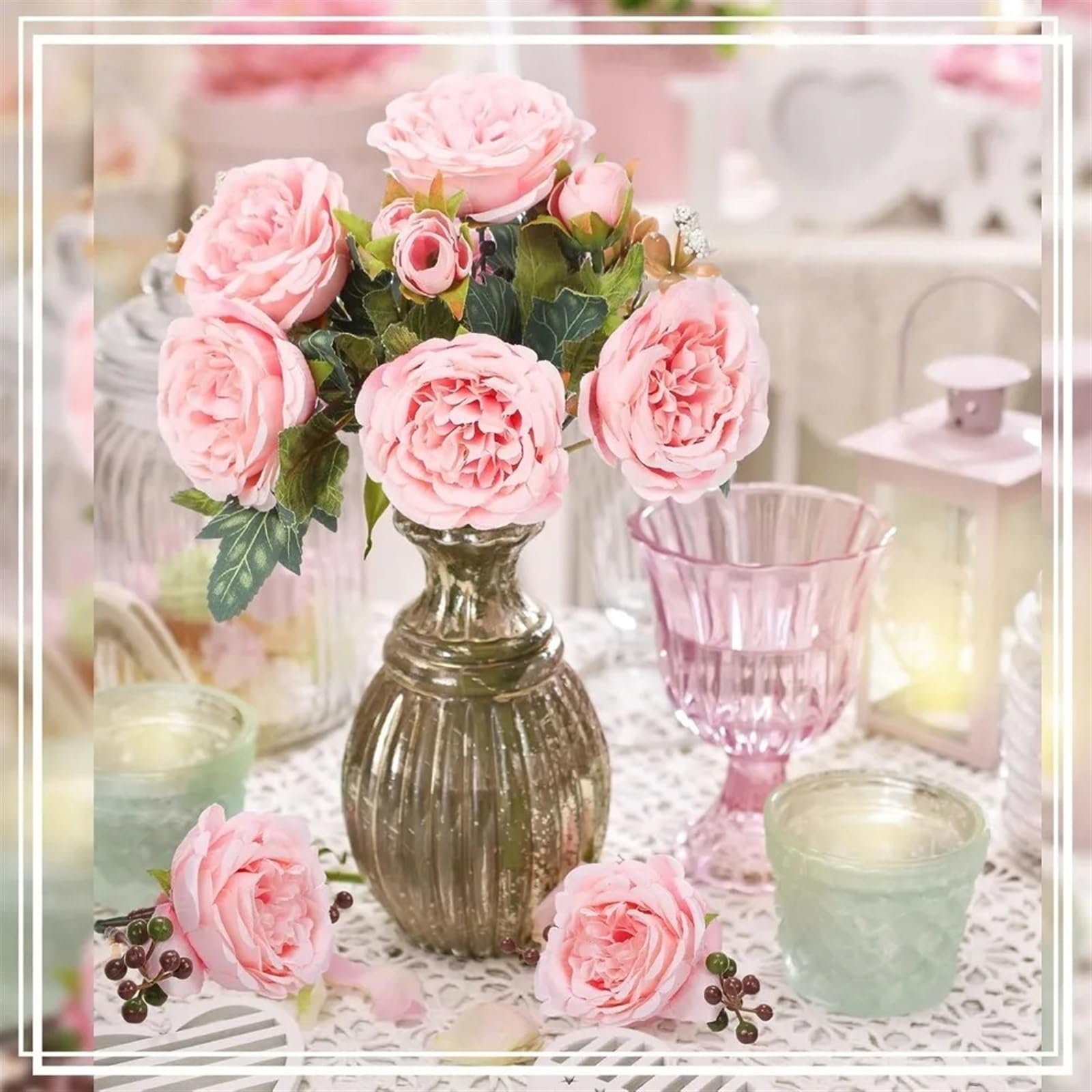 8 Bündel künstliche Pfingstrosenseide, rosa Kunstblumen-Mittelstück, Frühlingsstrauß, Hochzeitsdekoration, Blumen für Startseite(Pink)