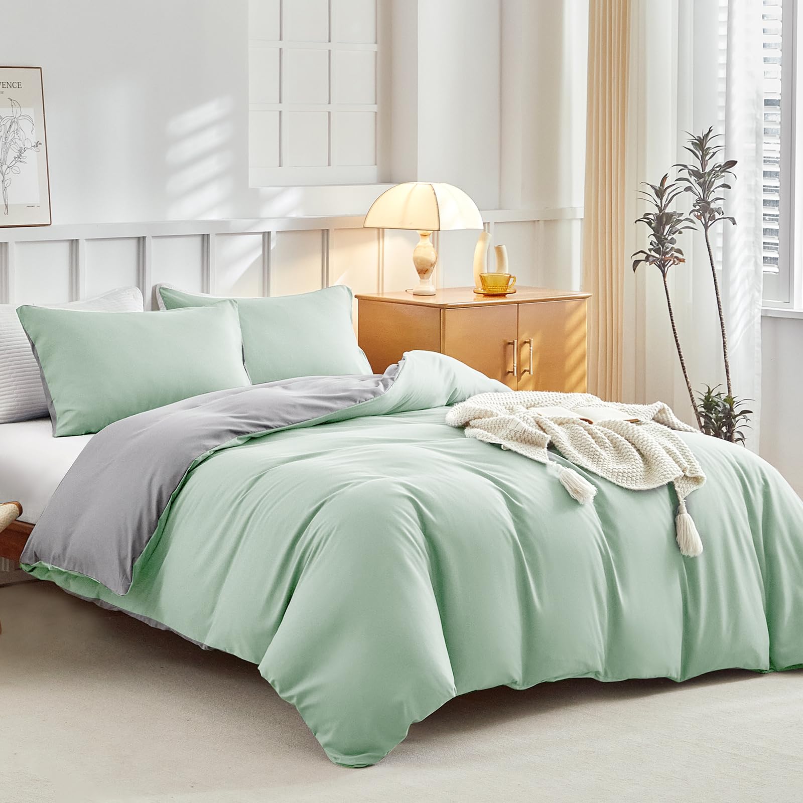 Tokokimo 4PCS Duvet Cover Sets King Size Bedding Sets, Botanical Branches Printed Grey Kingsize Duvet Cover Sets with Pillowcases and Extra Fitted Sheet, Soft Microfiber King Size Bedding Sets — view 46