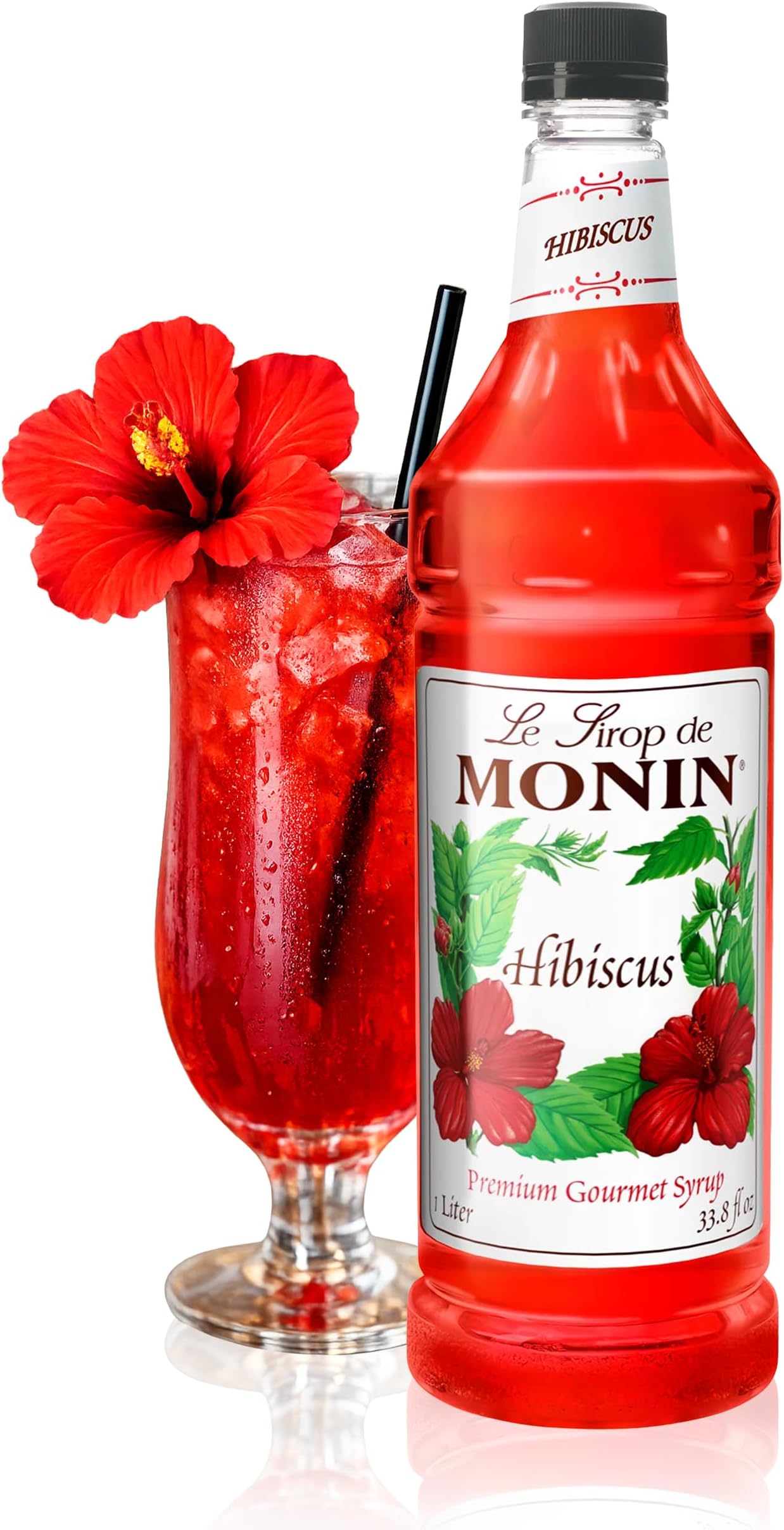 Monin - Hibiscus Syrup, Unique Floral Flavor, Great for Cocktails, Teas, & Lemonades, Gluten-Free, Non-GMO (1 Liter)