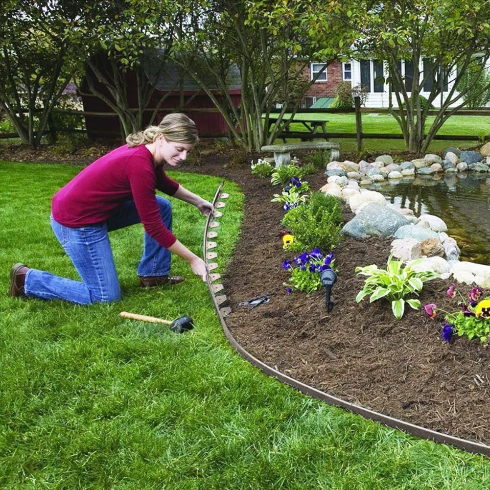 Bordure Jardin Plastique 10m Avec 50 Piquets - Clôture Flexible Brun 5cm