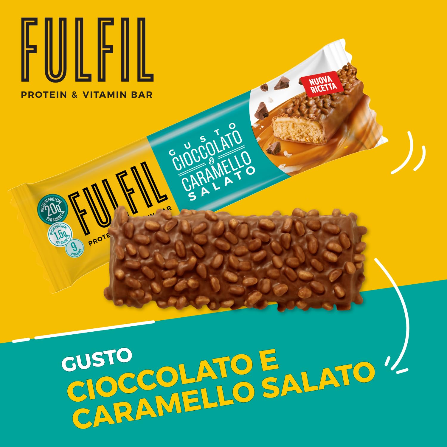 FULFIL - 15 Barrette Proteiche da 55 Grammi, Gusto Cioccolato e Caramello Salato con 9 Vitamine e Pochi Zuccheri, Confezione da 825 Grammi
