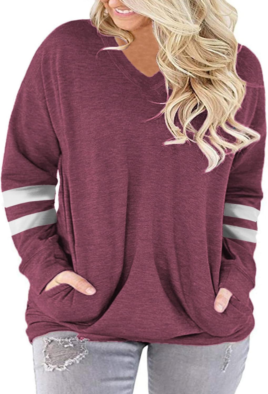 ROSRISS Plus-Size-Tops for Women Long Sleeve V Neck Shirts Oversized Pockets Tunics