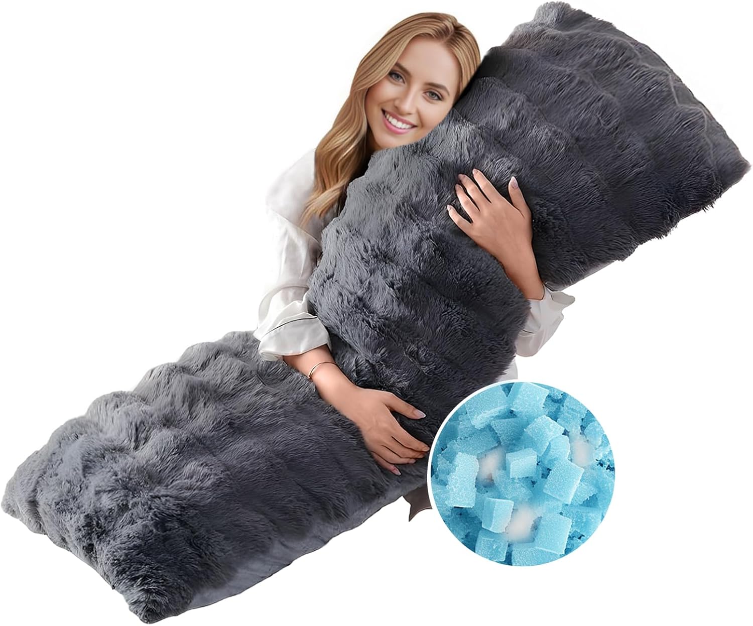 Faux Fur Fluffy Body Pillow for Adults - Firm Body Pillow Insert with Shredded Blue Memory Foam, Adjustable Height, Soft Support for Side Sleeping, Pregnant Women, Washable (20x54 Inch, Grey)