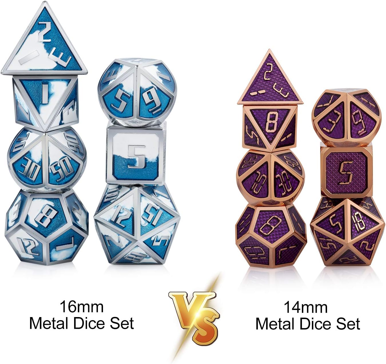 ALLCOLORED Metal DND Dice Standard 16mm Set 7pcs Heavy D&D Dice Blue Whiter Silver with Metal Case and Velvet Bag for Playing Tabletop Roleplay Games Dungeons and Dragons