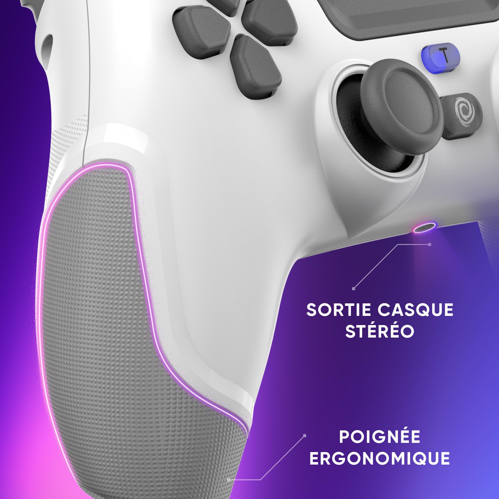 Manette sans fil pour PS4 PS3 PC ANDROID iOS, Sortie Casque, Joystick Hall Effect, Batterie Rechargeable 1000mAh, boutons macro, mode Turbo, Wake up, Gyroscope 6 axes, Revolt Moon White
